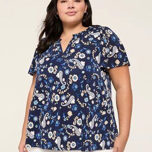 NWT Lane Bryant Blue Paisley Floral Ruffle Notch-Neck Top Size 22/24